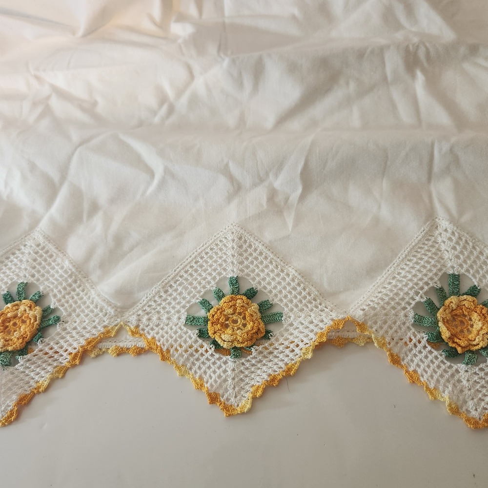 Vintage White Cotton Pillowcase Handmade Crochet Lace Yellow Flower Trim 20x34